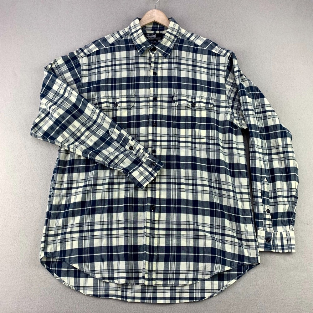 Vintage Polo Ralph Lauren Cascade Shirt Mens Large Blue Plaid Long Sleeve 90s